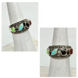 Sterling 925 Boho Marcasite Turquoise Blue Onyx Jasper Agate Ring Size 6